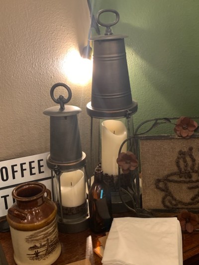 Kylie found these items at the ReStore that she reused as decor items in the Bumper Crop Coffee Shop.